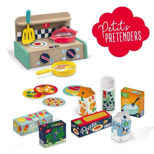 Kitchen game kit its creative - Wooden kitchen, stove, pan, spatula, oil bottle and 6 products - 3 years old