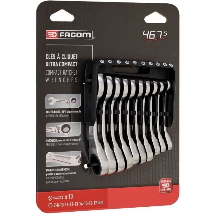 Set of 10 combination wrenches - FACOM - 467BS.JP10PB - ratchet - Short - On portable case