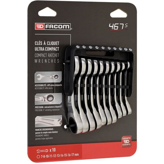 Set of 10 combination wrenches - FACOM - 467BS.JP10PB - ratchet - Short - On portable case
