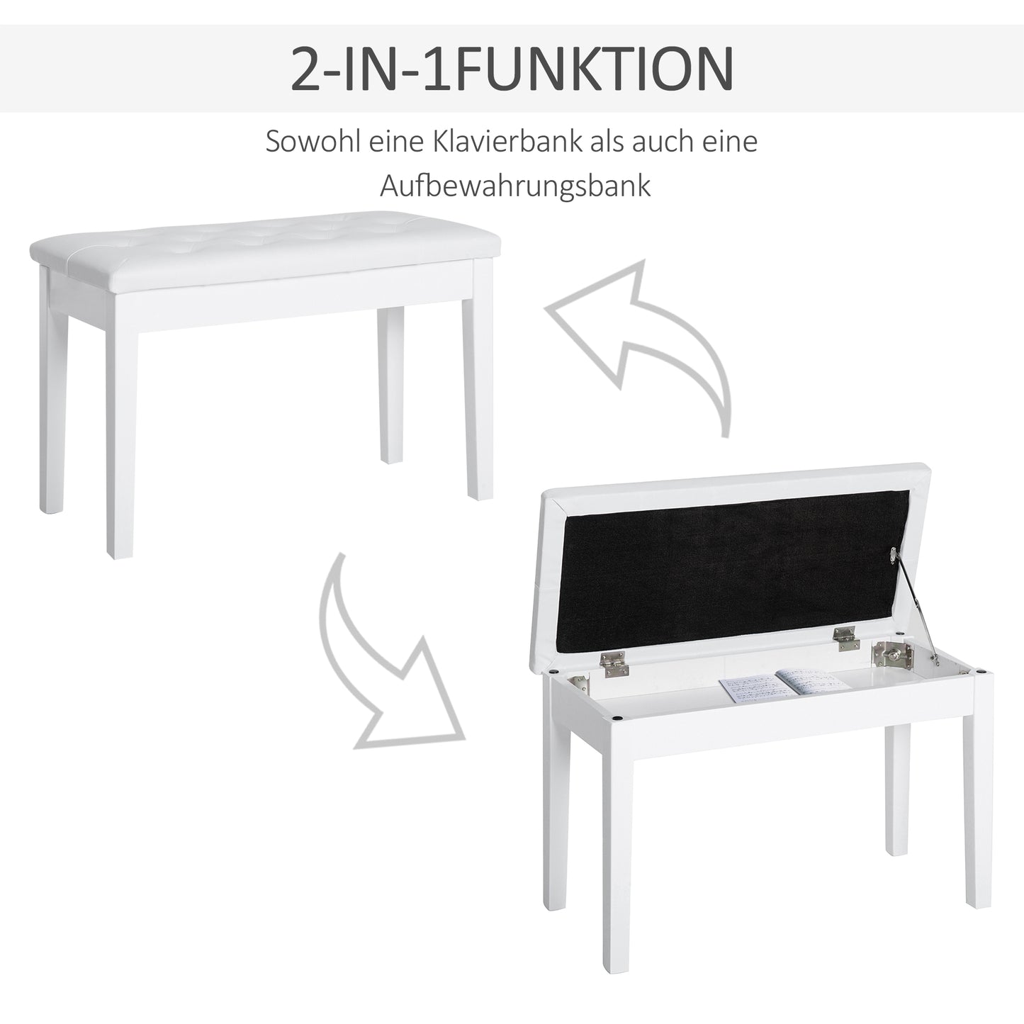 HOMCOM Klavierhocker, Klavierbank mit Verstecktem Stauraum, Klavierstuhl mit Kunstleder Kissen, Pianobank, Massivholz Keyboardbank für Piano, Keyboard, 76 x 36 x 50 cm, Weiß