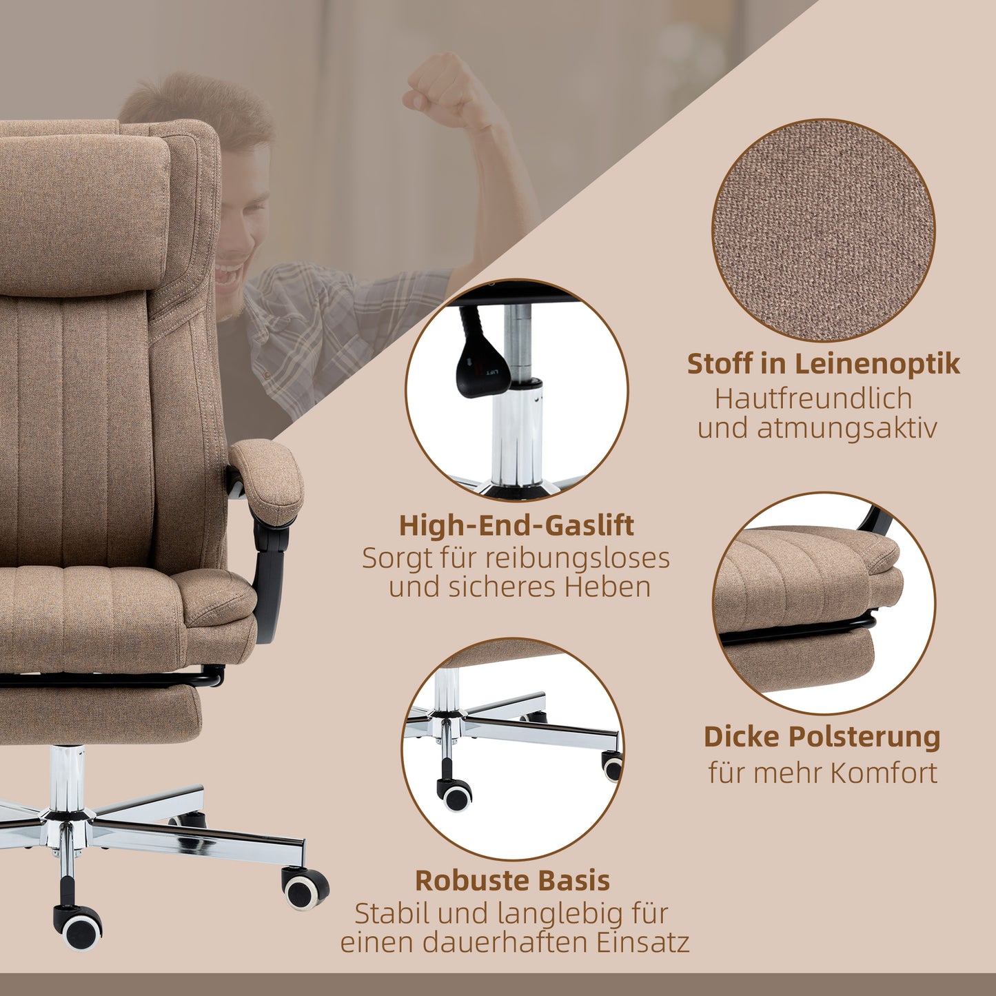 Vinsetto Bürostuhl med Massagefunktion, Neigbare Rücklehne, Ausziehbare Fußstütze, Leinenoptik, 65 x 61 x 118 cm, Braun
