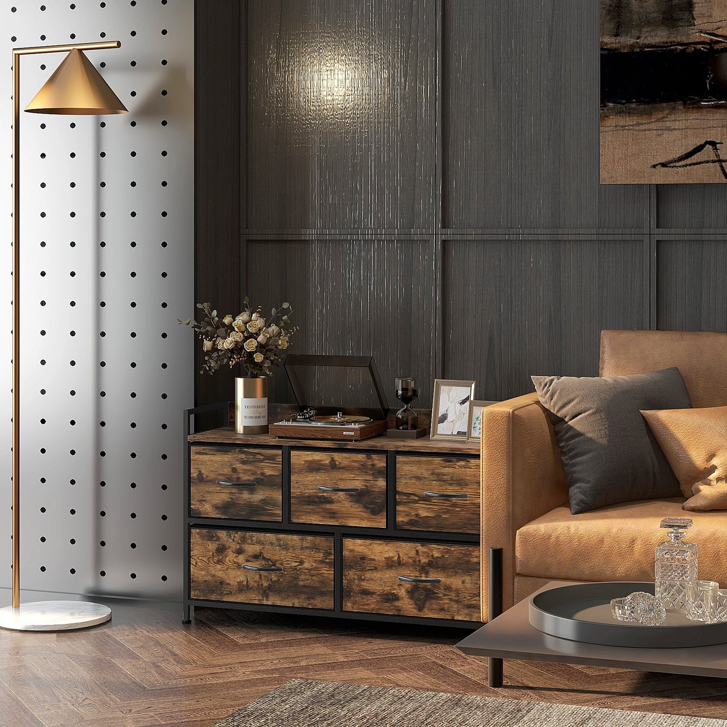 HOMCOM Kommode mit faltbaren Stoffschubladen, Melaminholz, Stahlrahmen, Braun