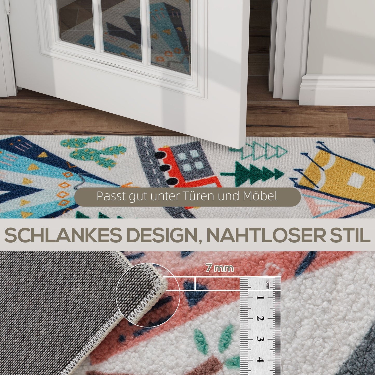 HOMCOM Teppich mit Autobahn-Muster, weißer Hintergrund, weiches Fleece, pflegeleicht, Bunt