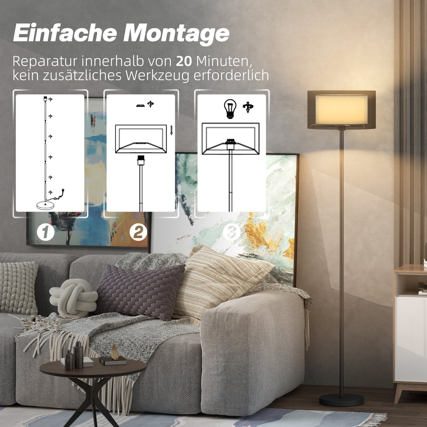 HOMCOM Stehlampe, zweifarbiger Lampenschirm, Fußschalter, Metall, Schwarz