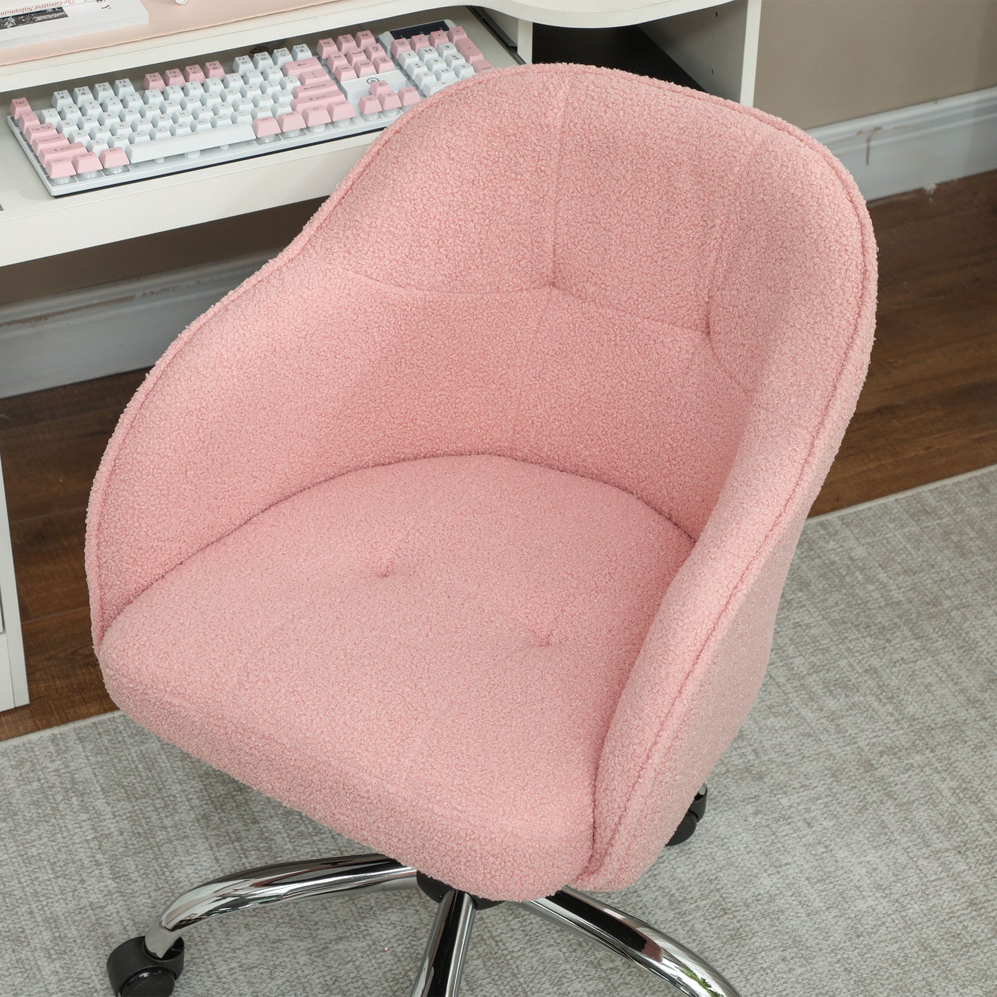 HOMCOM Homeoffice Stuhl, Ergonomisch Schreibtischstuhl mit Wippfunktion, Teddysamtoptik 56 x 61 x 86 cm Rosa