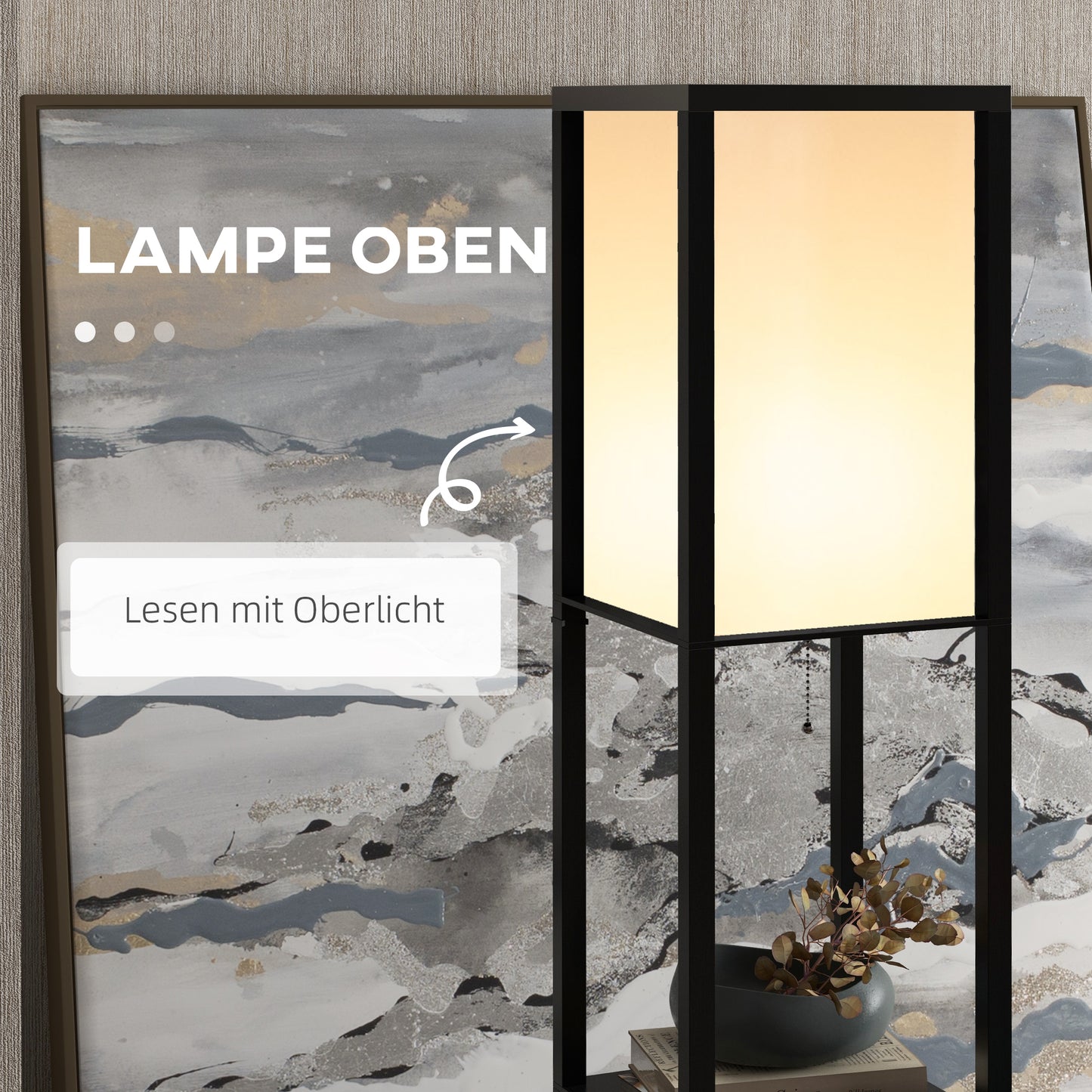 HOMCOM Stehlampe mit Regalen, Stehleuchte, Holz, 26 x 26 x 160 cm, für Wohn-/Schlafzimmer (Ohne Glühbirne)