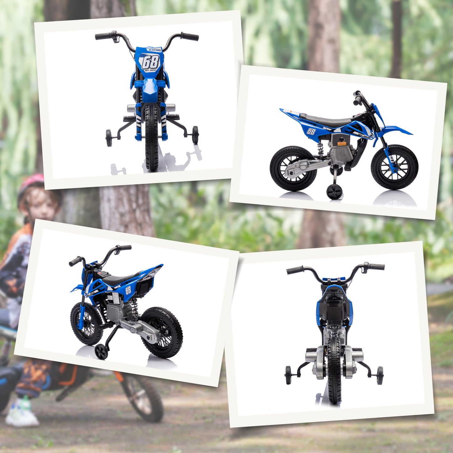 AIYAPLAY Elektro-Motorrad für Kinder, 12V Kindermotorrad mit Musik, Kinderfahrzeug mit Trainingsrädern, 3-6 Jahre, Blau