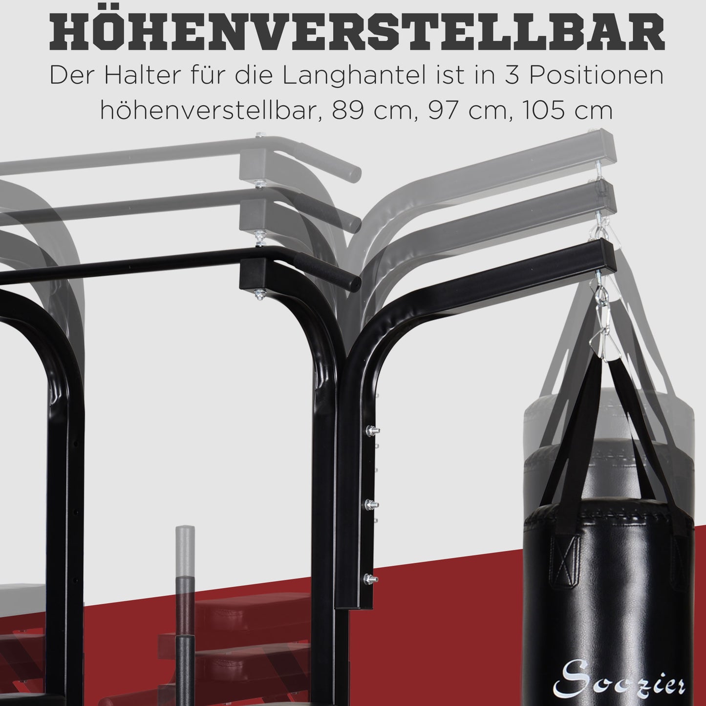 HOMCOM Kraftstation mit Klimmzugstange, Multifunktionale Dip-Station, Trainings-Gerät für Zuhause, mit Boxsack, Fitness, Stahl, Schwarz, 180 x 183 x 219 cm