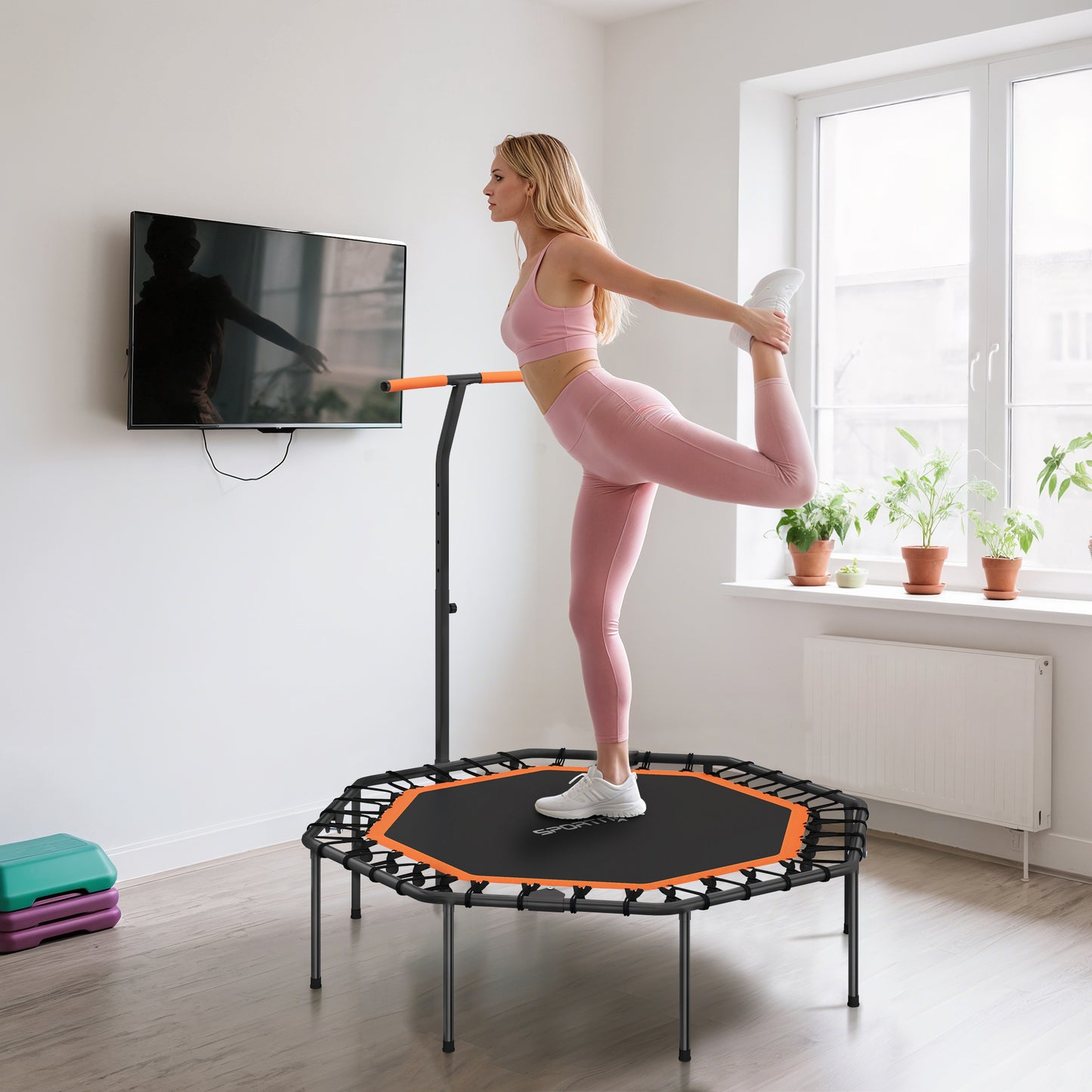 SPORTNOW Fitness-Trampolin, Trainingstrampolin mit verstellbarem Haltegriff, stabil und leise, für drinnen, Stahl, Orange