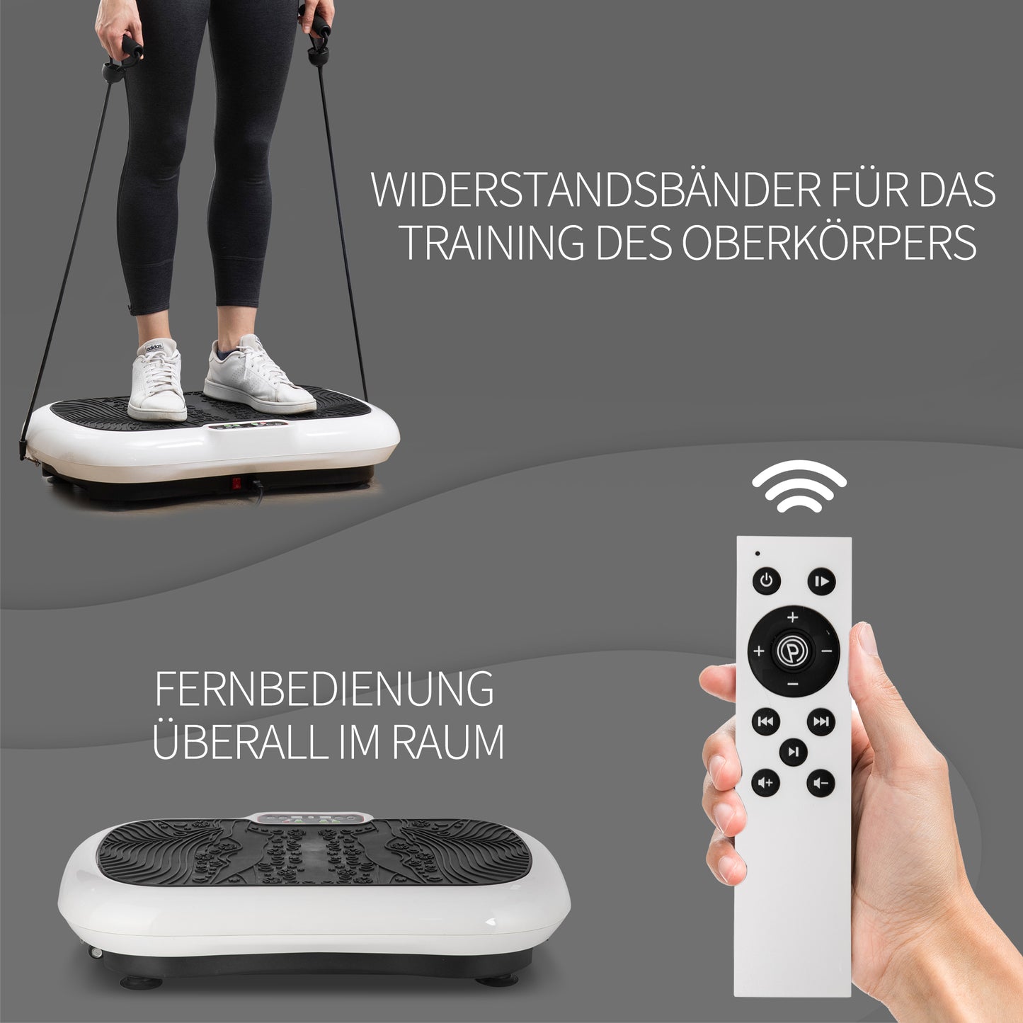 HOMCOM Vibrationsplatte mit 99 Stufen, 2 Fitnessbändern 73 x 40 x 13cm Weiß+Schwarz