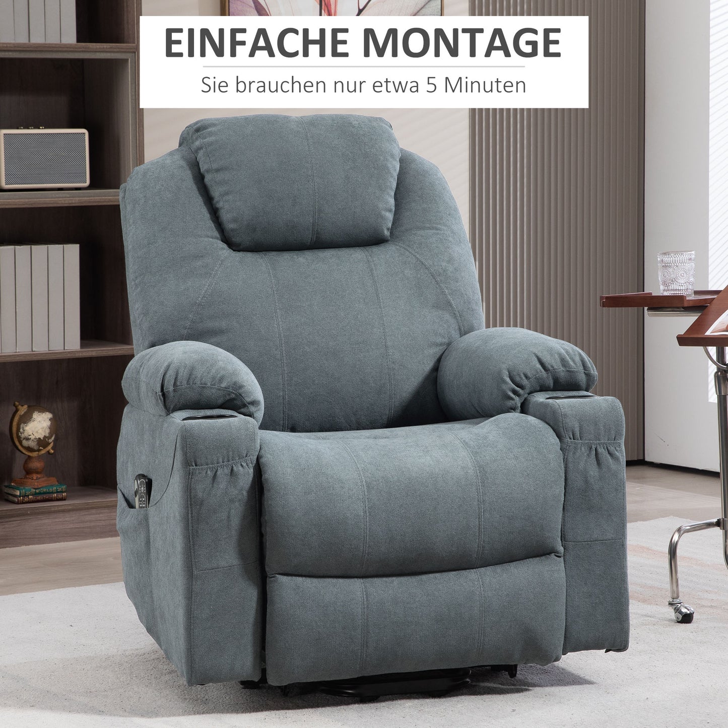 HOMCOM Massagesessel Aufstehhilfe Seniorensessel, 8 Massagepunkte, Seitentaschen, Fernbedienung, 90L x 101B x 107 cm, Grau
