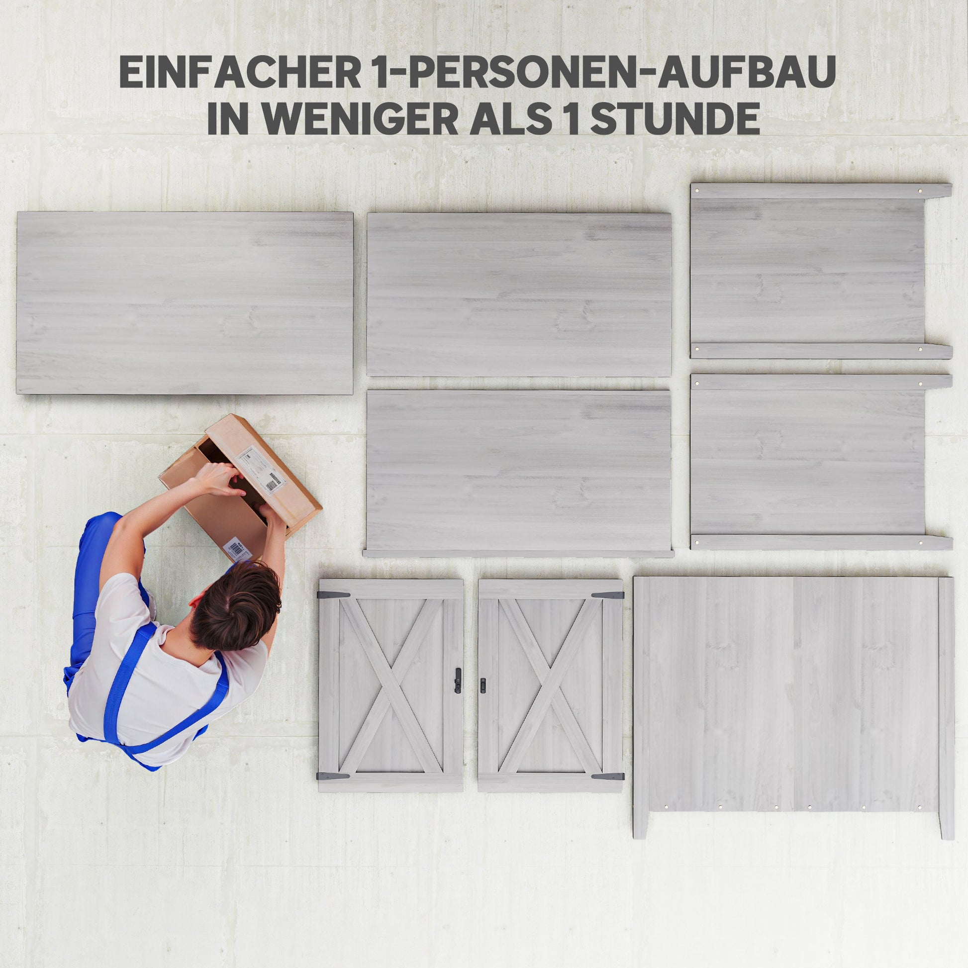 Outsunny Gartenschrank, Holzschrank für Gartengeräte, Outdoor-Schrank für Terrasse, mit Doppeltüren, Scheunendesign, Hellgrau