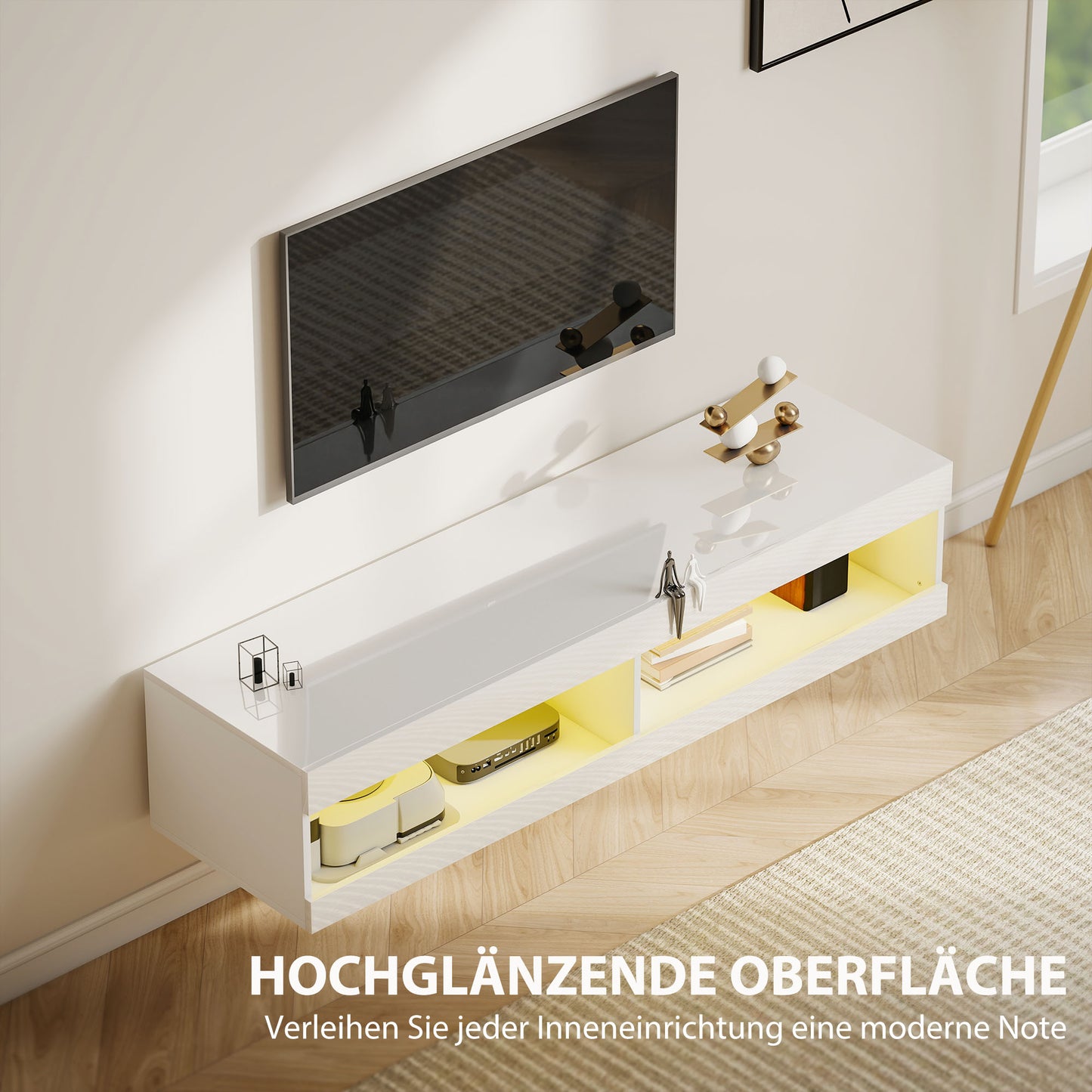 HOMCOM TV Schrank, Hängendes TV Lowboard mit RGB LED-Beleuchtung in 16 Farben, TV Ständer mit offenen Stauraum, für 55-60 Zoll Fernseher, für Wohnzimmer, Schlafzimmer, 140 x 40 x 30 cm, Hochglanzweiß