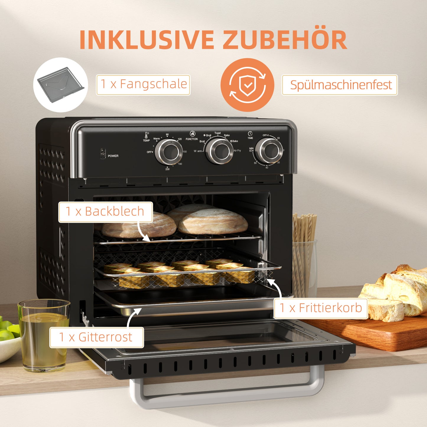 HOMCOM Minibackofen, 20L, 5 Funktionen, 360° Heißluft, Grillrost, Krümelblech, Schwarz