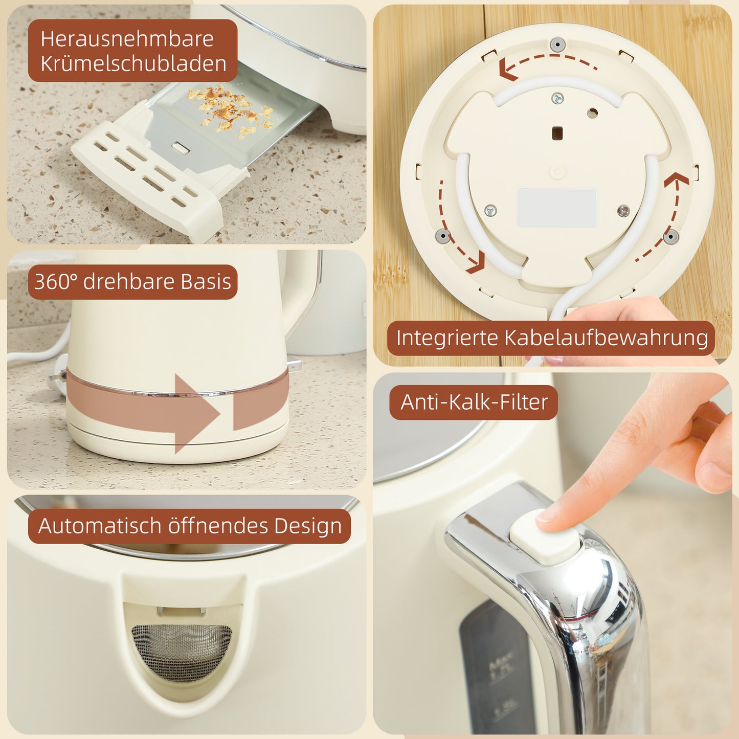 HOMCOM Set aus 1,7 L Wasserkocher und Toaster mit 6 Bräunungsstufen, Beige