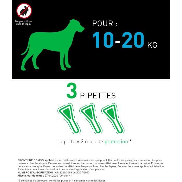 FRONTLINE 3 Antiparasitic pipettes COMBO Dog - 10 to 20 kg - Fleas, ticks, chewing lice