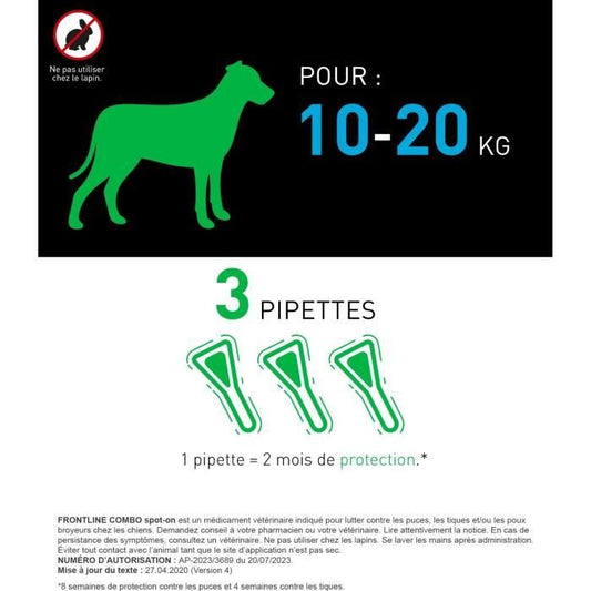 FRONTLINE 3 Antiparasitic pipettes COMBO Dog - 10 to 20 kg - Fleas, ticks, chewing lice