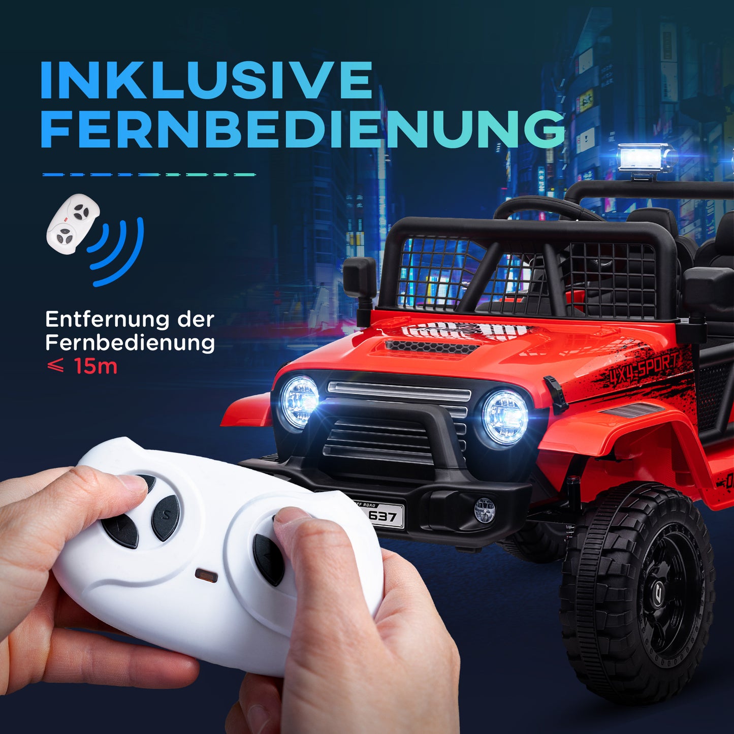 AIYAPLAY Kinder-Elektroauto mit sanfter Federung, fernsteuerbar, LED-Lichter, Hupe, 12V-Motoren, aus Kunststoff und Metall, Rot