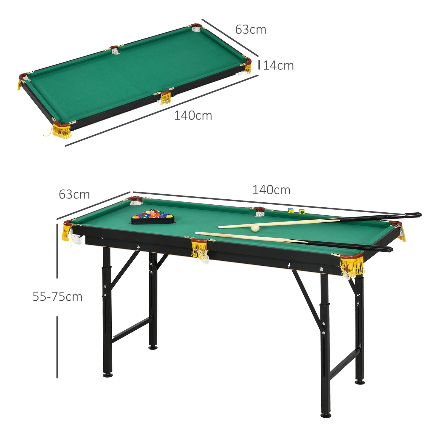 SPORTNOW Billardtisch, klappbar, höhenverstellbar, inkl. Dreieck/2 Queues/16 Kugeln, Grün