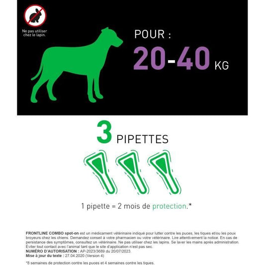 FRONTLINE 3 Antiparasitic pipettes COMBO Dog - 20-40 kg - Fleas, ticks, chewing lice