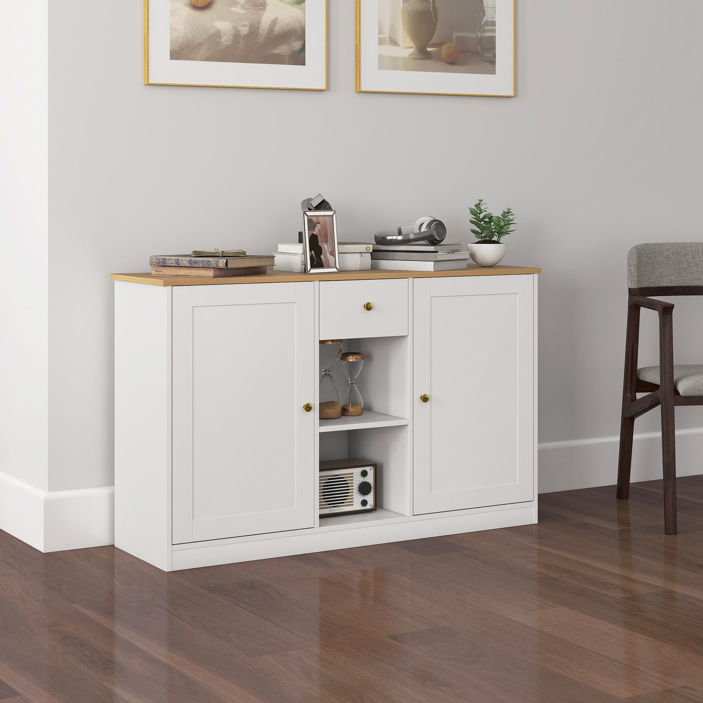 HOMCOM Küchenkommode, Sideboard mit Schublade, Schränken, Regalen, Spanplatte, Weiß