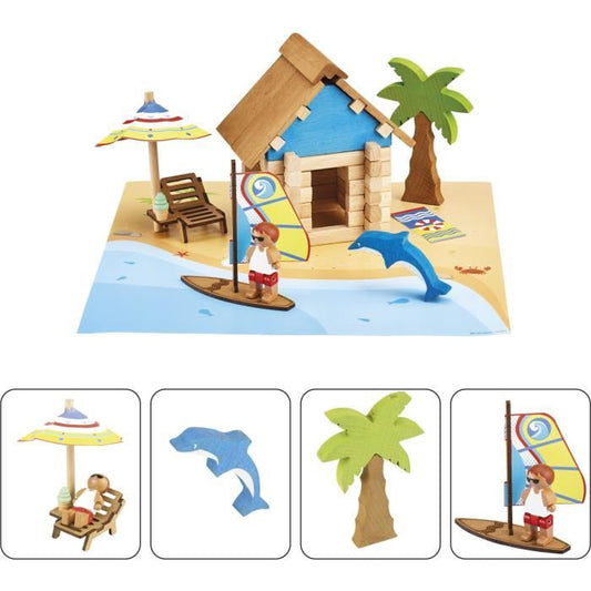 The Beach Hut 55 Pieces - JEUJURA - Natural Wood Construction Game, Mat and Accessories Included, 22x18.5x8.5 cm