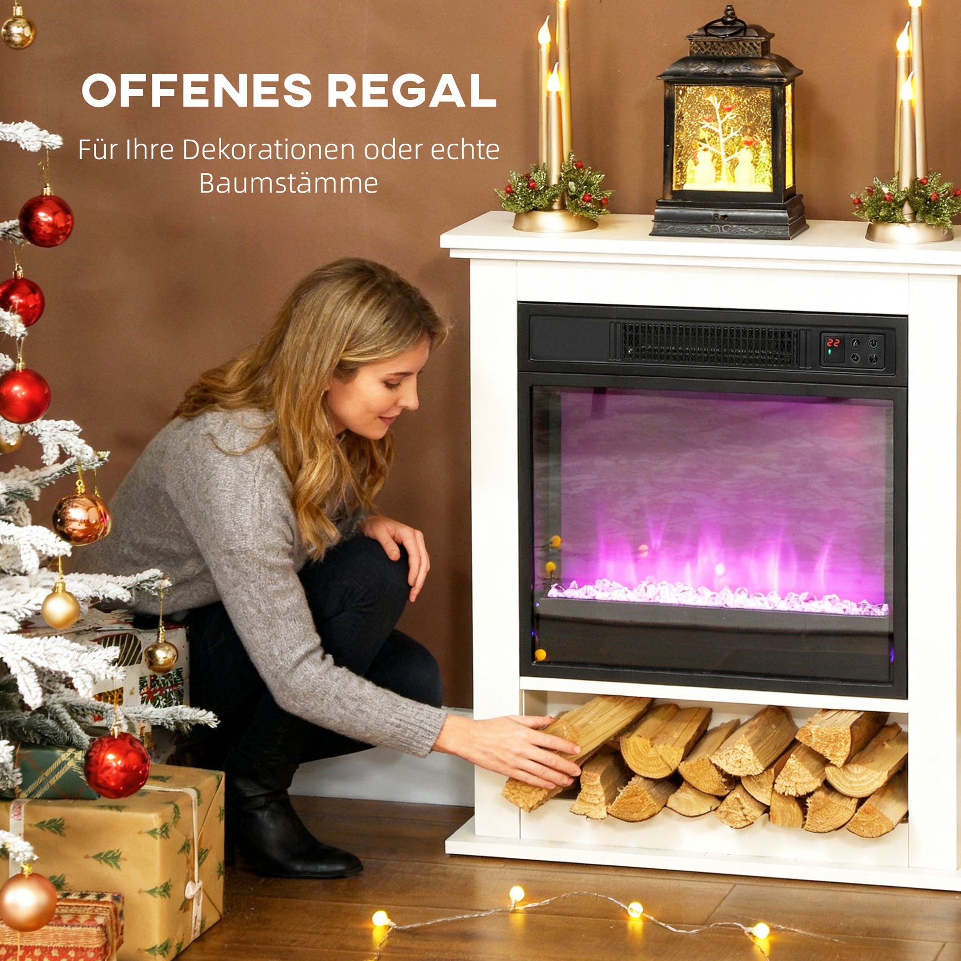 HOMCOM Elektrischer Kamin, realistische Flammen mit 9 Farben, verstellbare Helligkeit, 1800W, Fernbedienung, Timer, Weiß