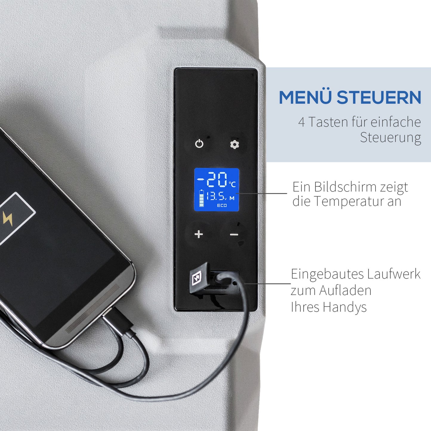 HOMCOM Autokühlschrank, Kühlbox, 50L, bis -20° C, Touch-Display, 2 Räder, Teleskopgriff, 58,6 x 37,8 x 54,5 cm, Grau