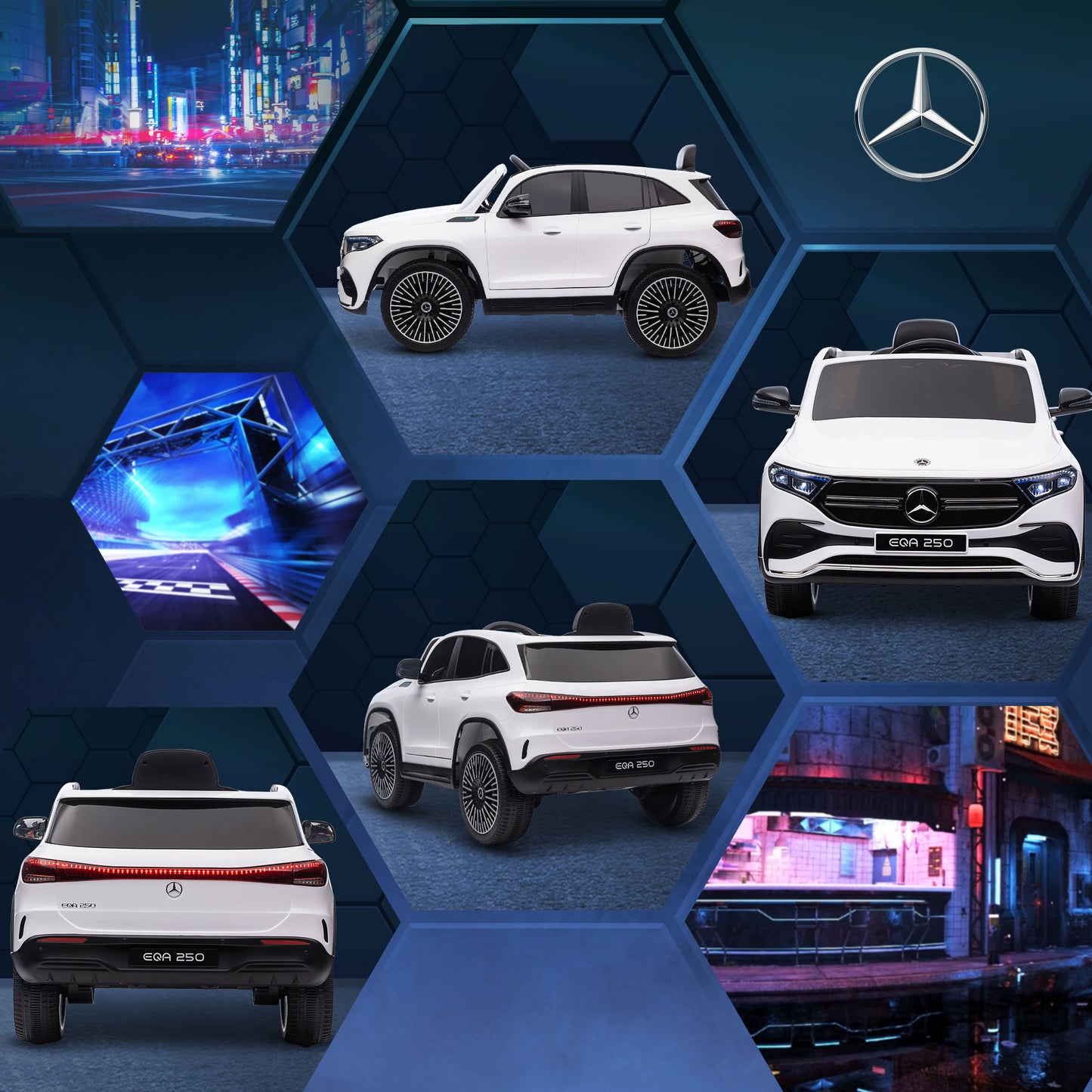 HOMCOM Elektro Kinderauto, lizenzierter Mercedes-Benz EQA, 3-8 km/h, Musik, Scheinwerfer, Hupe, Fernsteuerung, weiß