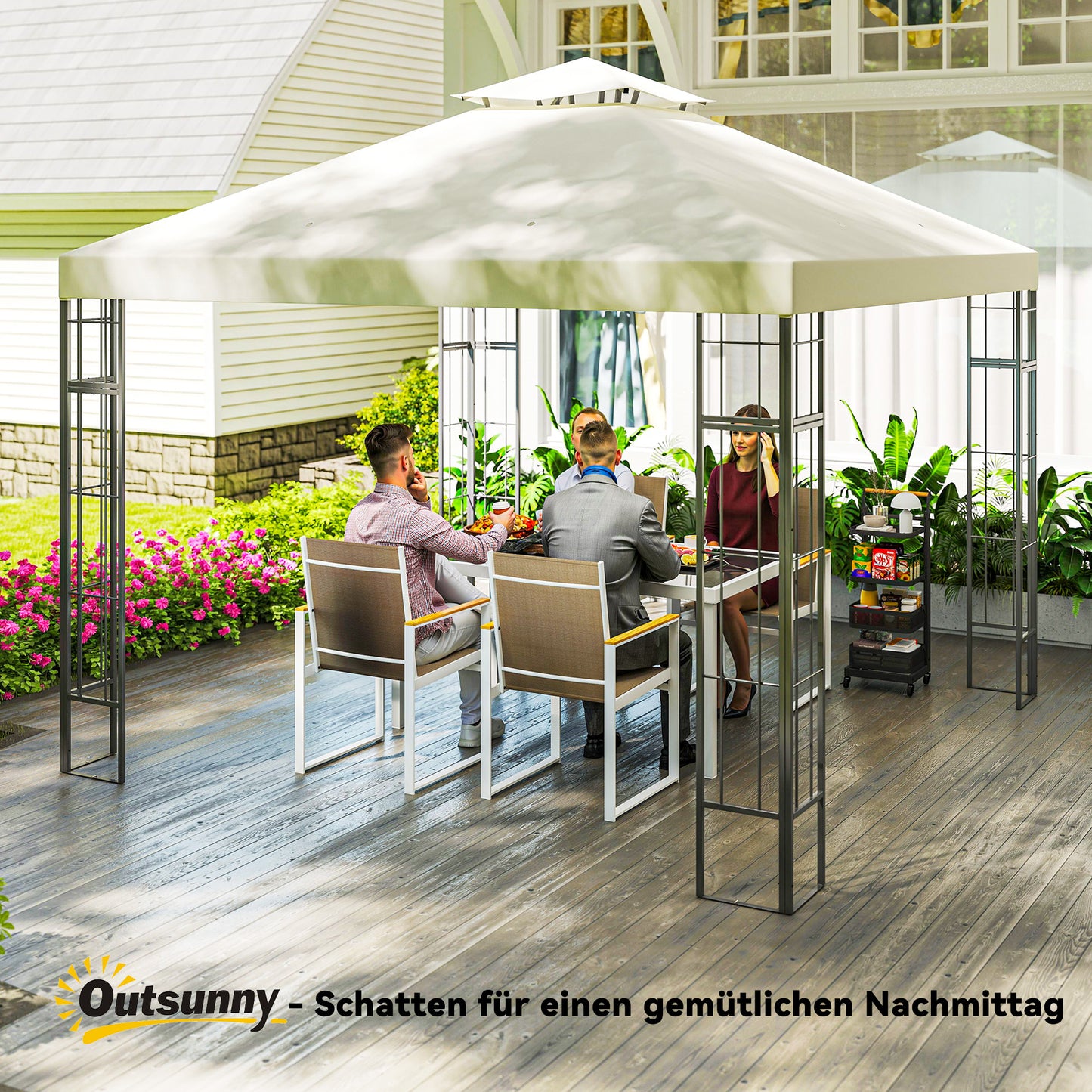 Outsunny 3 x 3 m Garten-Pavillon, 2-Stufen-Dach-Design, UV30+ Schutz, UV-beständig, Sonnenschutz, Metallrahmen, Cremeweiß