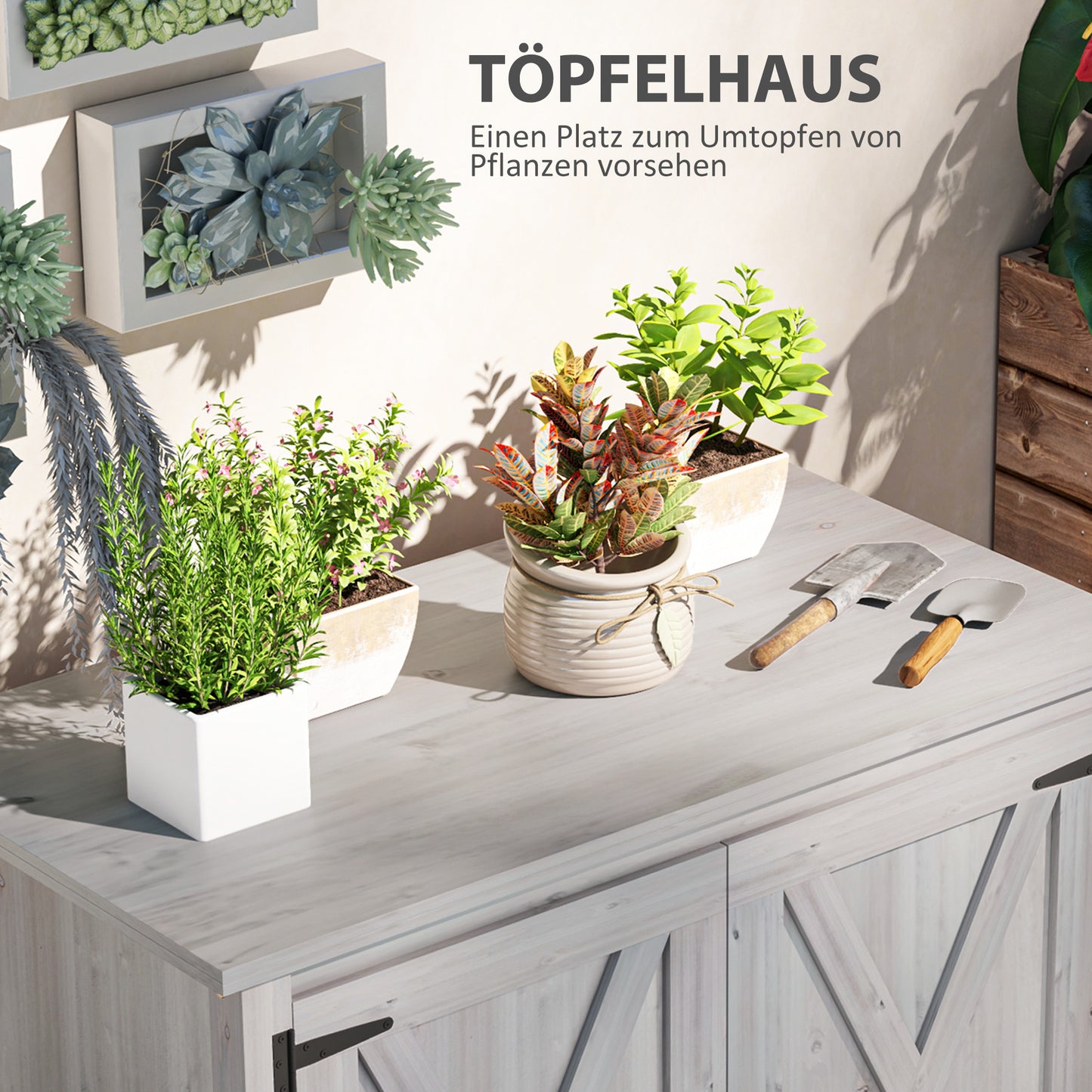 Outsunny Gartenschrank, Holzschrank für Gartengeräte, Outdoor-Schrank für Terrasse, mit Doppeltüren, Scheunendesign, Hellgrau