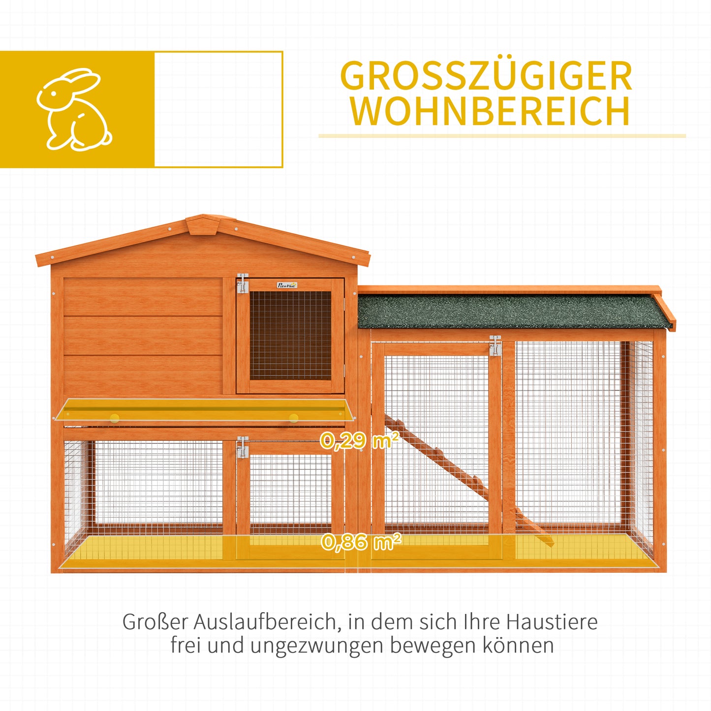 PawHut Kleintierstall, Kleintierkäfig, Outdoor-Kaninchenstall, Freilaufgehege, winterfest, Massivholz, 150 x 45 x 85 cm, Orange