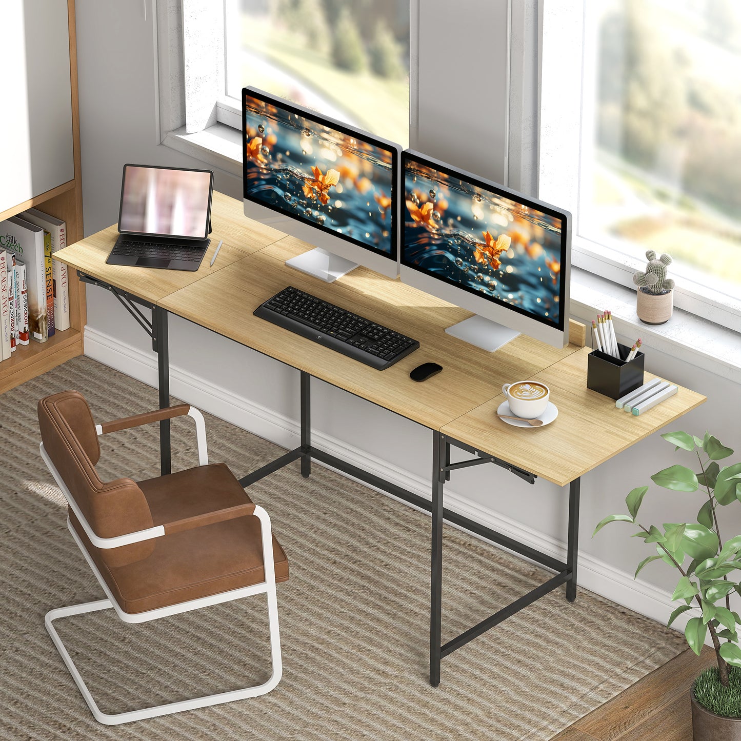 HOMCOM Klappbarer Computertisch mit 2 Ausziehplatten, viel Platz für Monitore, Metallbeine, robuste Konstruktion, Eiche+Schwarz
