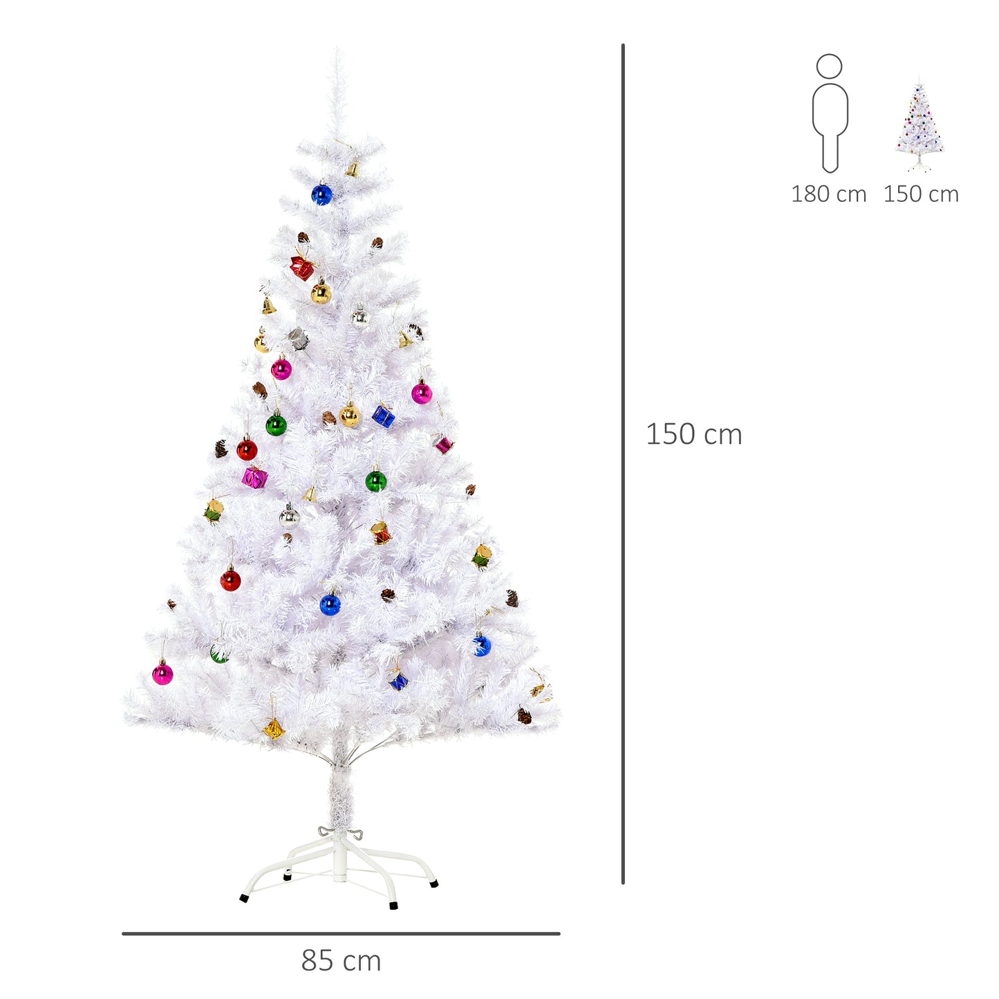 HOMCOM Künstlicher Weihnachtsbaum 150 cm künstlich Tannenbaum mit Kugeln, Glocken, Trommeln, Geschenkboxen, Christbaum mit 680 Spitzen, 12 Tannenzapfen Weihnachtsdeko inkl. Metallständer für drinnen