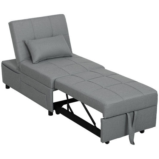 HOMCOM 3-in-1 Klappsessel mit Seitentasche, Gästebett mit Kissen, Verstellbarer Rückenlehne, Bettsessel mit Rollen, Hellgrau