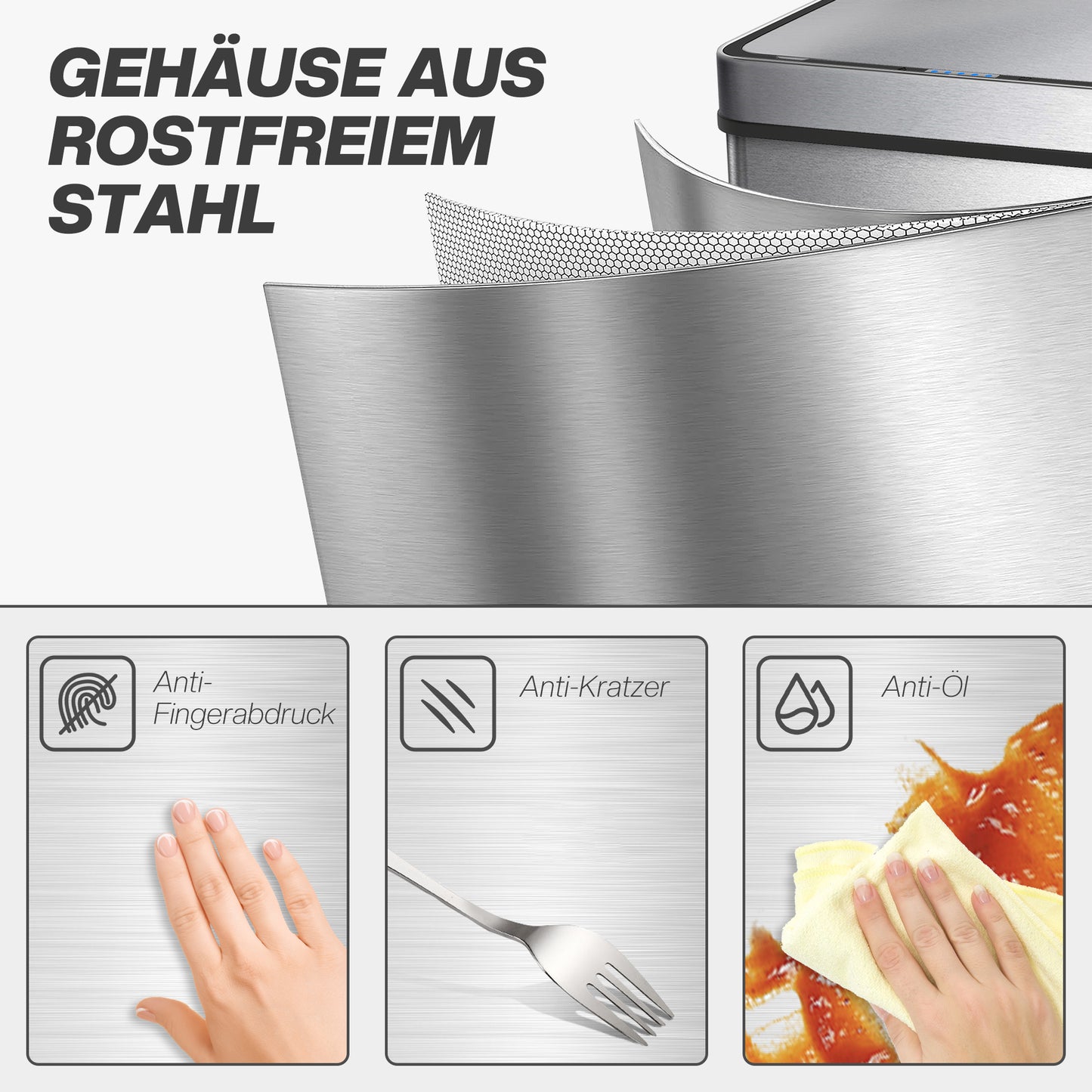 HOMCOM 60 L Sensor-Mülleimer, automatischer Deckel, Edelstahl, vielseitig einsetzbar, Silberfarben