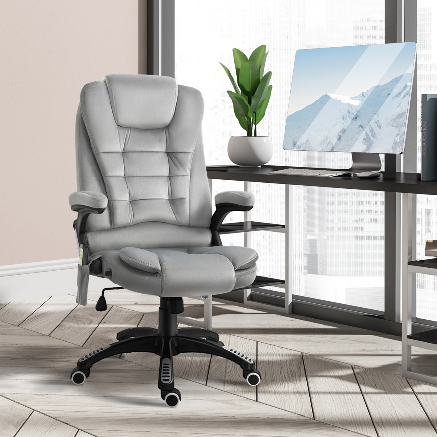 Vinsetto Bürostuhl mit Massagefunktion Ergonomischer Chefsessel mit Heizfunktion, Liegefunktion, Wippfunktion Höhenverstellbar 360° Drehbar Computerstuhl mit Seitentasche, Samtoptik, Grau