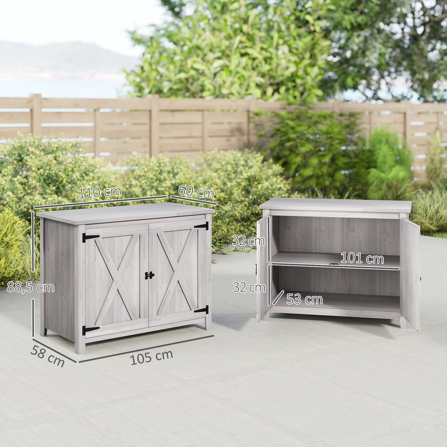 Outsunny Gartenschrank, Holzschrank für Gartengeräte, Outdoor-Schrank für Terrasse, mit Doppeltüren, Scheunendesign, Hellgrau