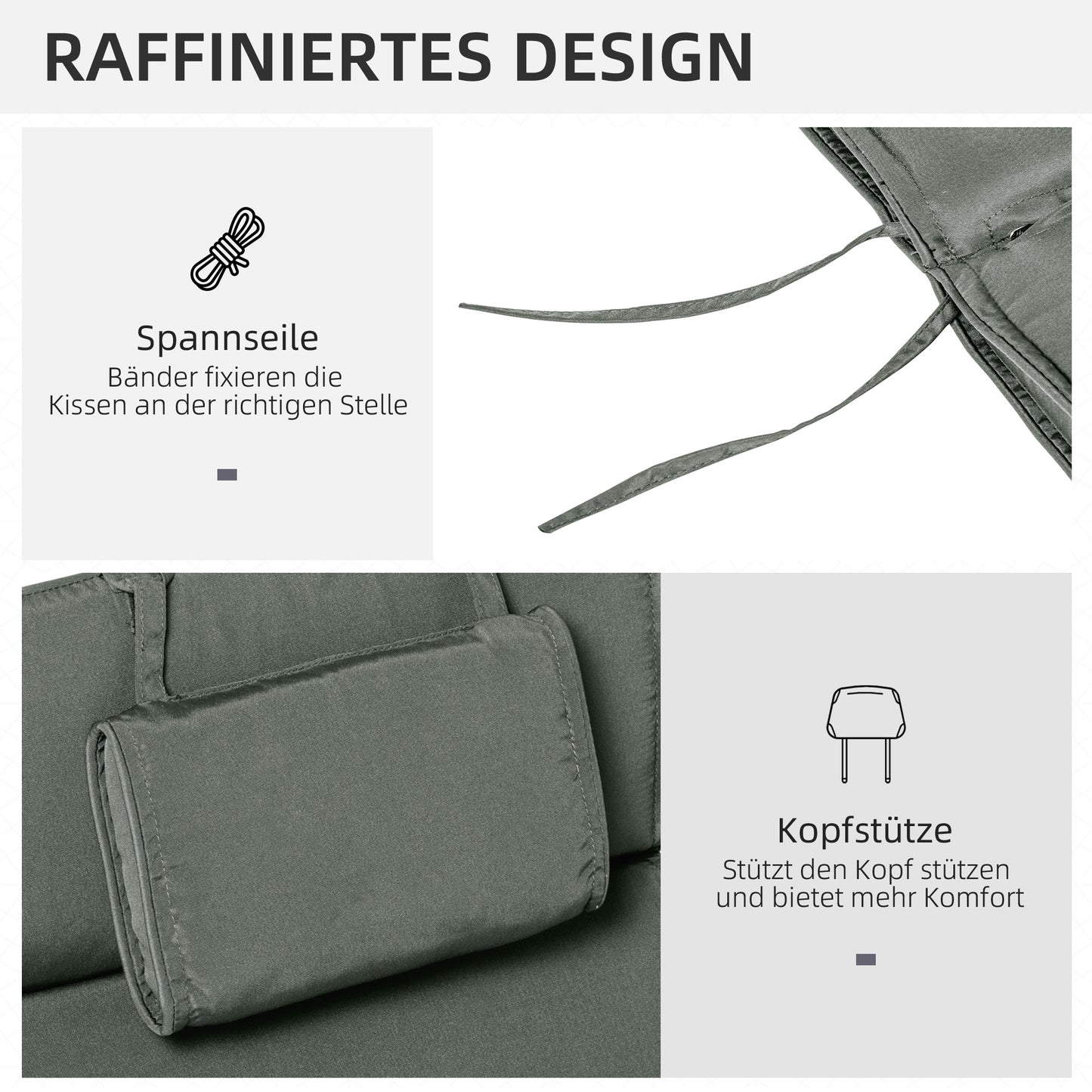 Outsunny Liegenauflage Liegenpolster Gartenliege mit Kopfkissen abnehmbar Bezug Grau 198 x 53 x 5 cm NUR Kissen