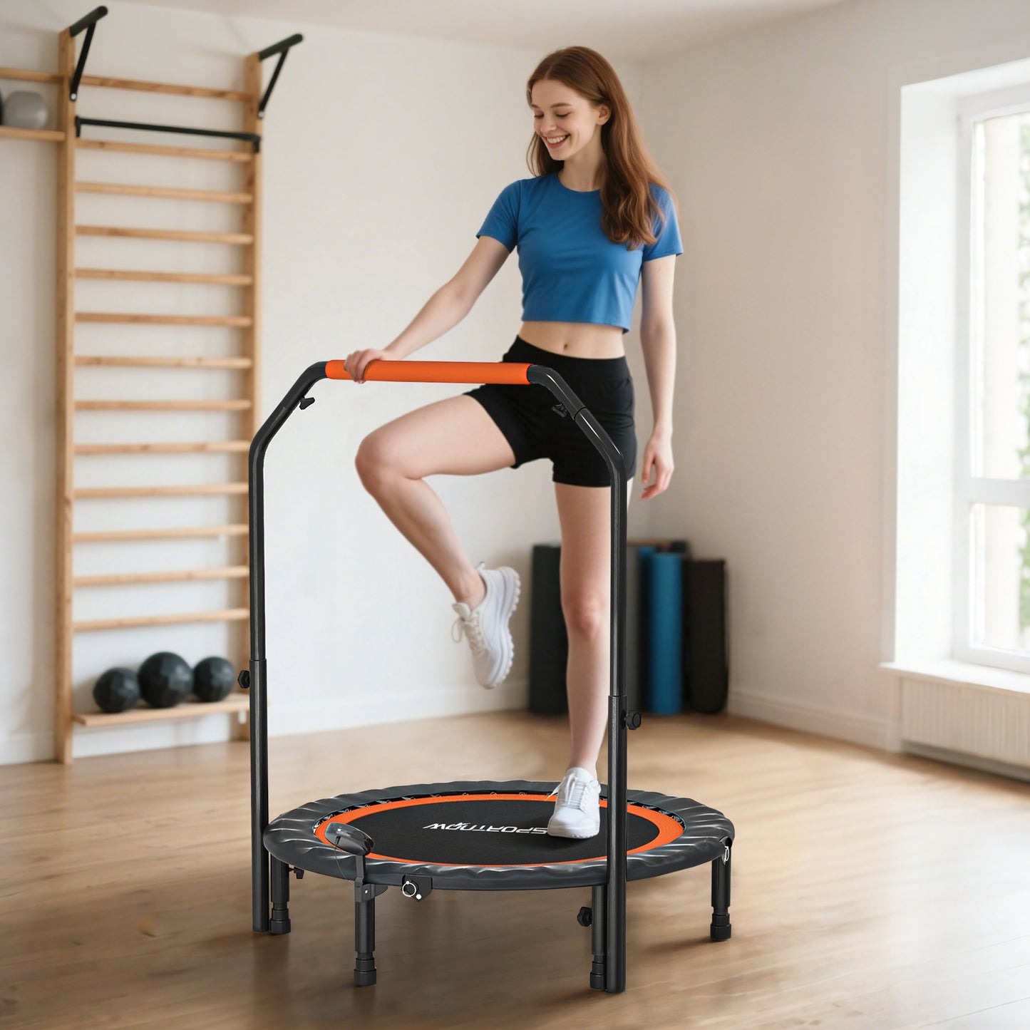 SPORTNOW Mini-Trampolin, mit höhenverstellbarem Haltegriff, LCD-Monitor, Stahl, schwarz+rot, Ø102 x 99-123cm