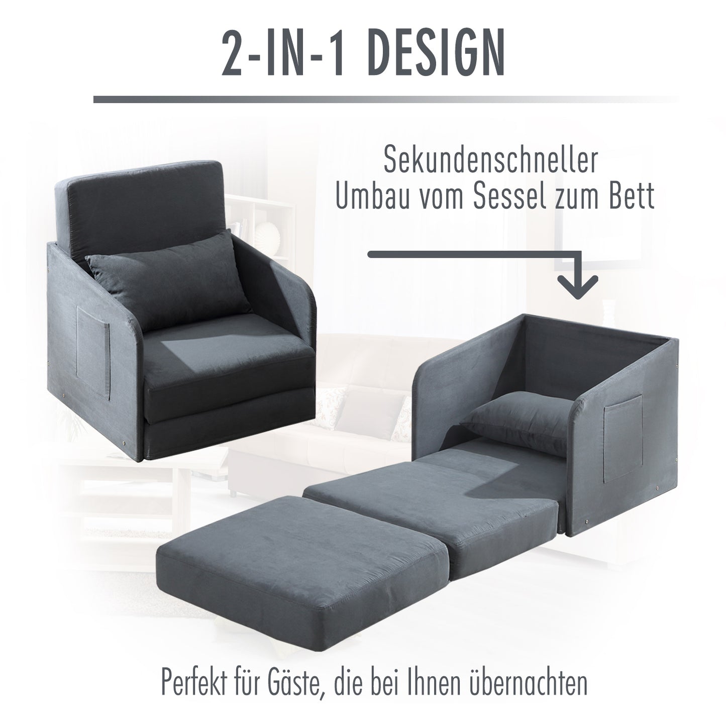 HOMCOM Schlafsofa Sofabett Einzelsofa Waschbarer Bezug 2 Seitentaschen Kissen Metall Grau 70 x 76 x 77 cm
