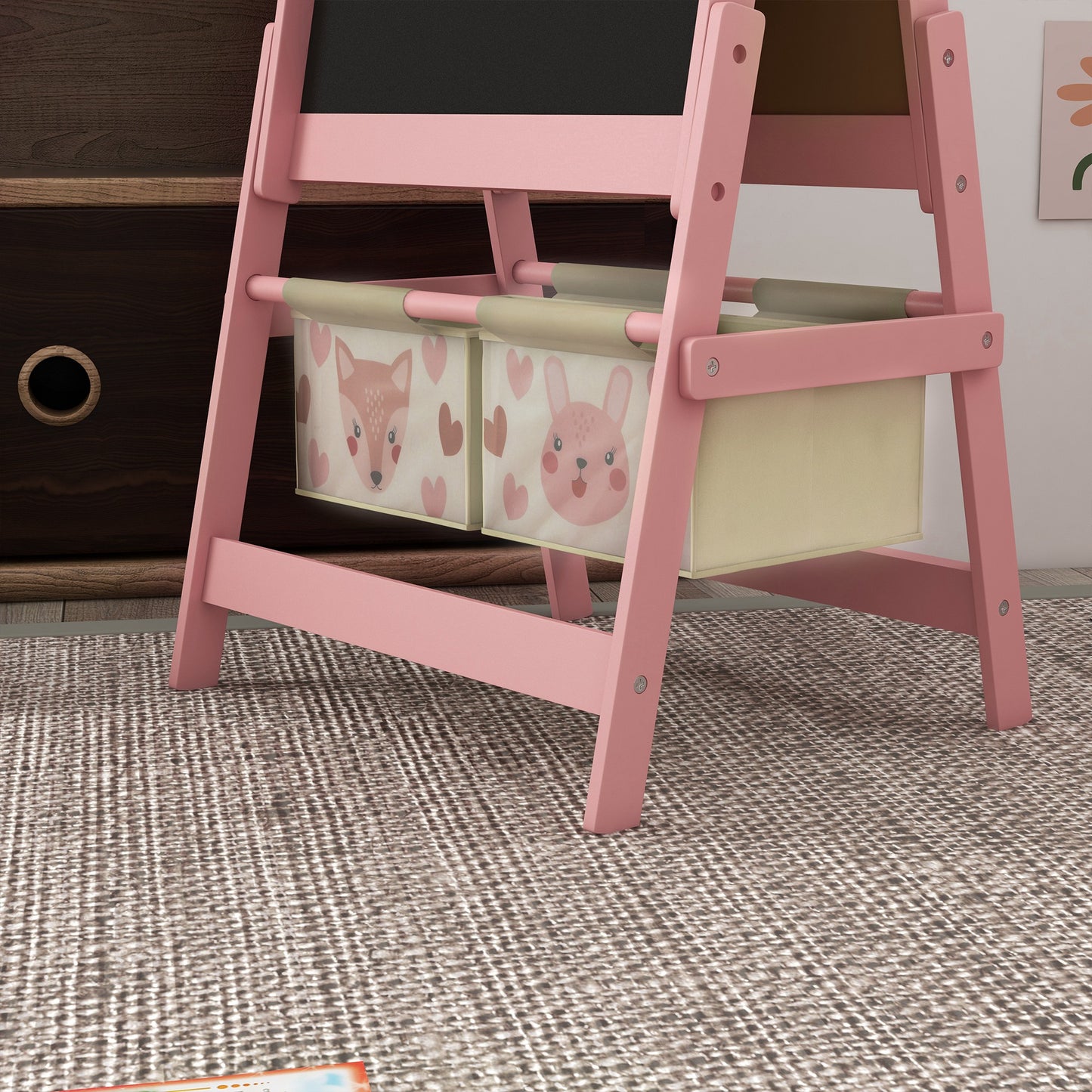 AIYAPLAY 3-in-1 Kinder Staffelei mit Papierrolle, Kreidetafel, Whiteboard, Aufbewahrungskörbe, 54 x 46,5 x 93 cm, rosa