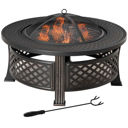 Outsunny Feuerschale mit Schürhaken Funkenschutz Feuerkorb Feuertisch rund Feuerstelle für Garten Camping BBQ Stahl Schwarz 81 x 81 x 50 cm