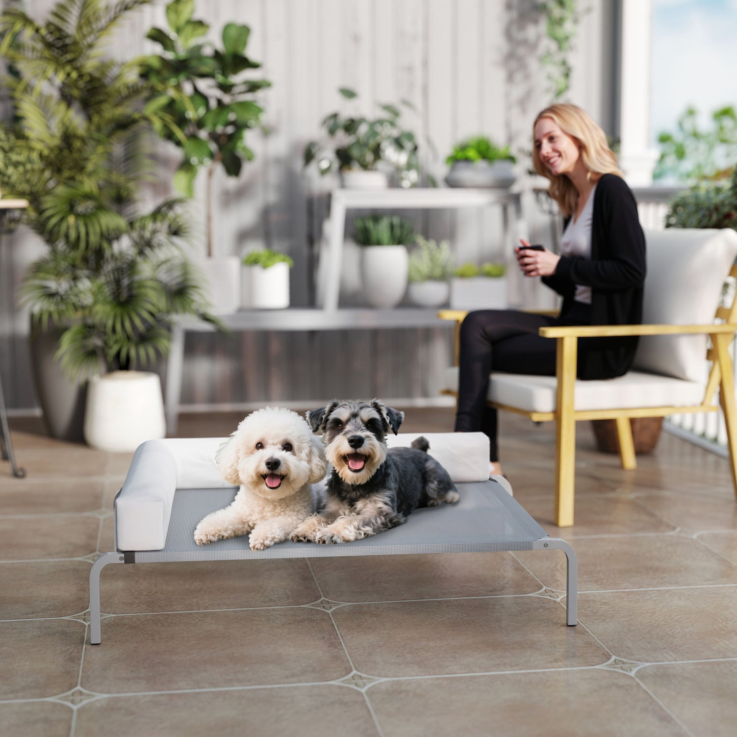 PawHut Hundeliege Outdoor, Erhöhtes Hundebett für Mittelgroße Hunde, mit L-förmige Kissen 110x75x30cm, Hellgrau