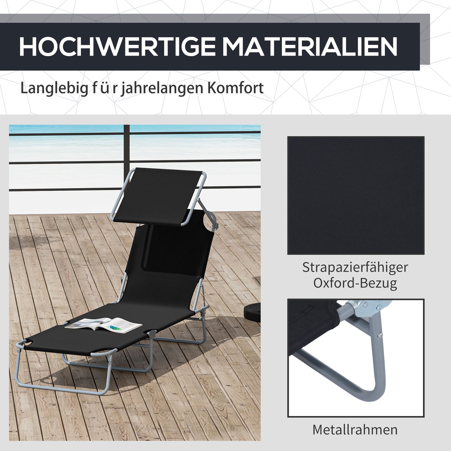 Outsunny Sonnenliege klappbar Gartenliege mit Sonnenschutz Liegestuhl mit 4-Fach verstellbare Rückenlehne Campingliege bis 120kg belastbar für Garten, Balkon und Pool geeignet, 6 Farben(Schwarz )