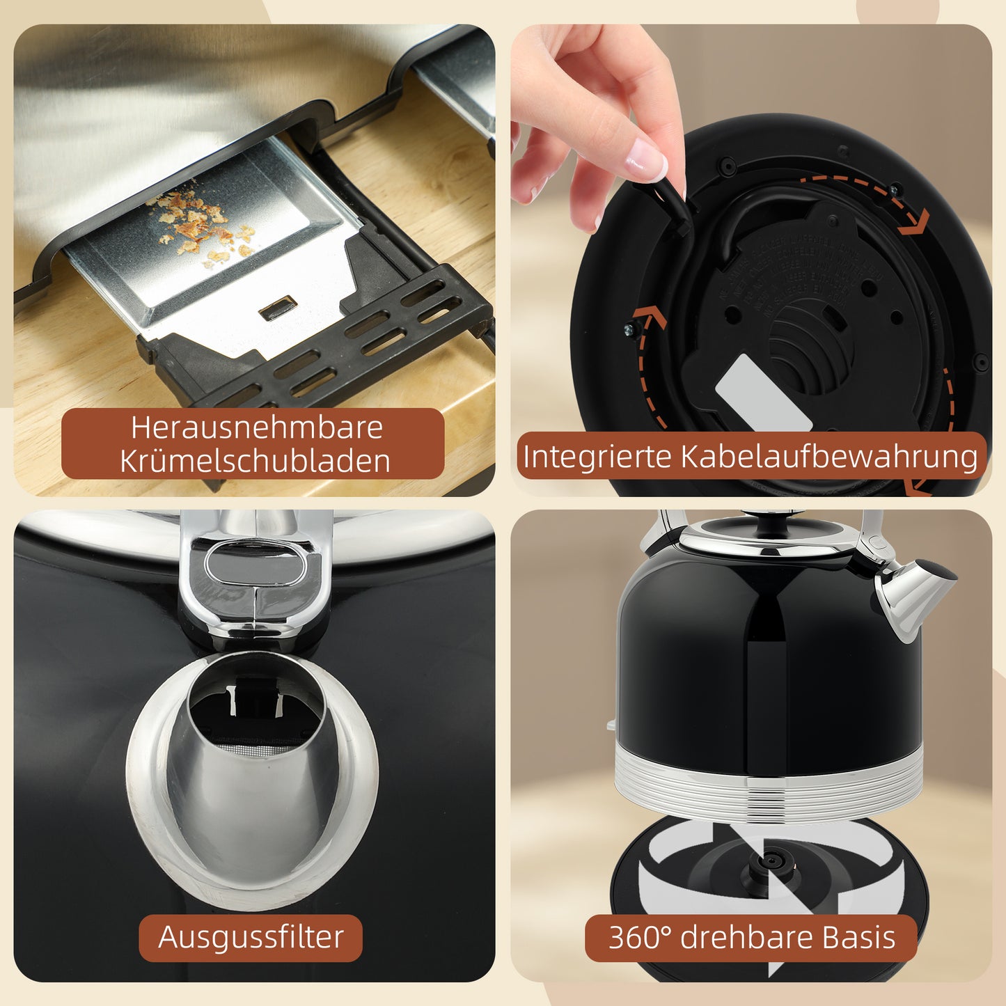 HOMCOM Wasserkocher- und Toaster-Set, 7 Bräunungsstufen, 1,7 L, Kunststoff, Edelstahl, Schwarz