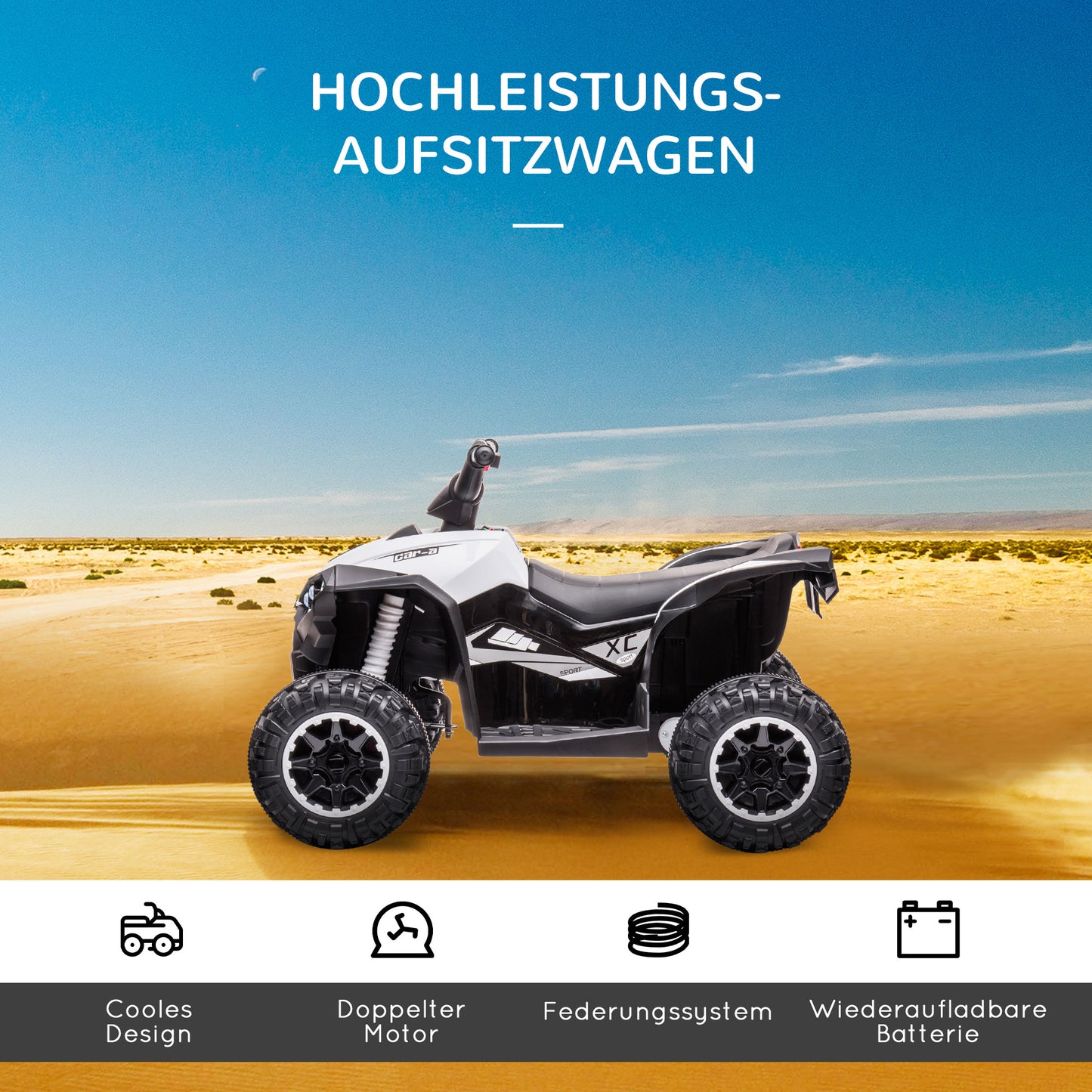 HOMCOM Kinder-Quad Elektrisches Kinderauto, 6 km/h, Sound- und Lichteffekte, : 83 cm x 53 cm x 55,5 cm, Schwarz + Weiß