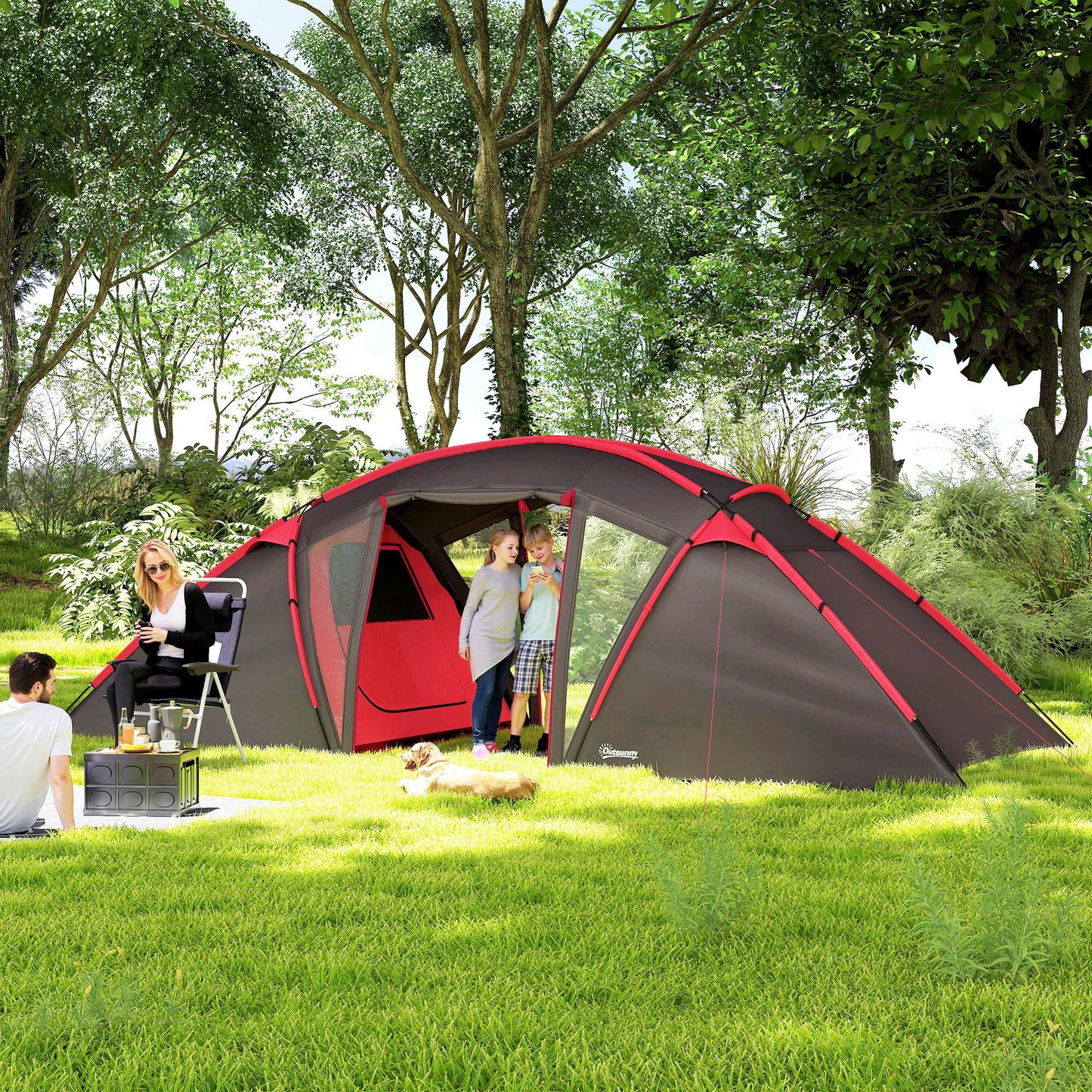 Outsunny Tunnelzelt, Campingzelt für 4-6 Personen, mit 3 Räumen, Lichthaken Doppeltüren Grau