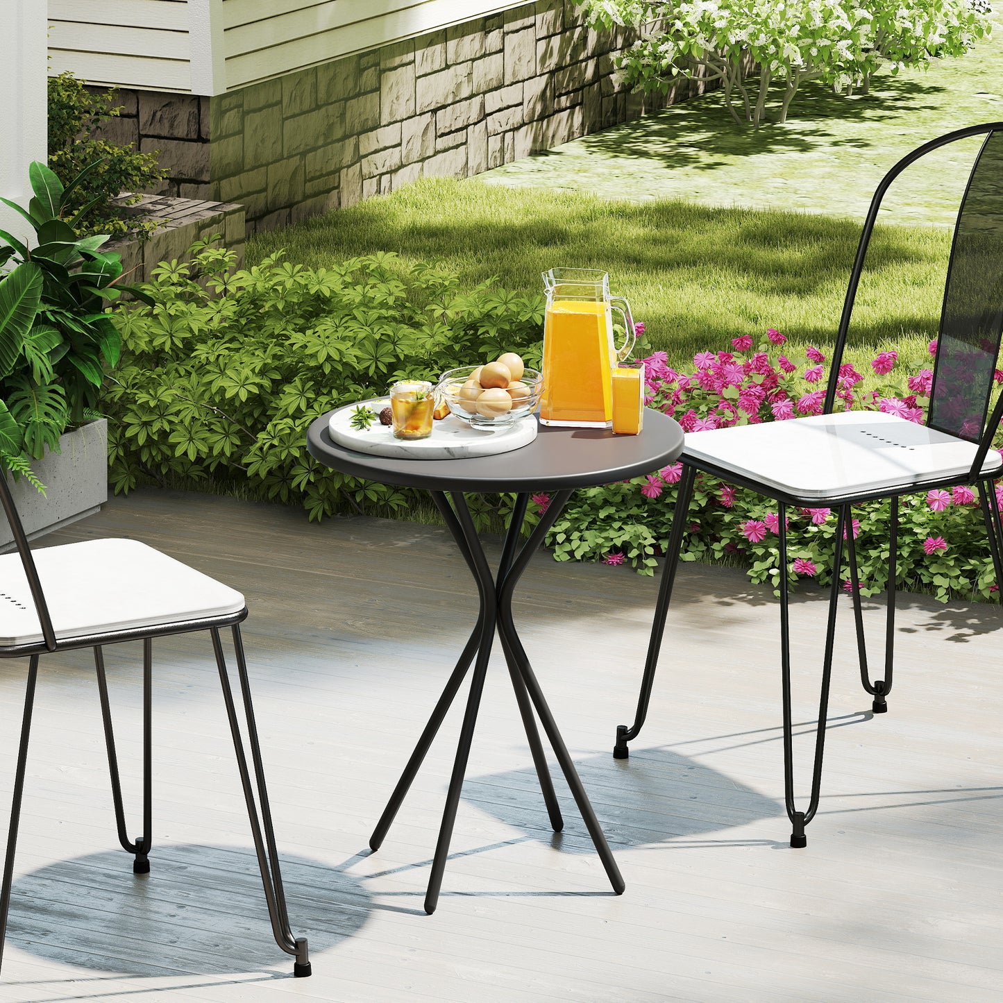 Outsunny Gartentisch Ø60 x 70 cm, Wetterfest Balkontisch aus Stahl, Runder Esstisch mit Fußpolster Schwarz