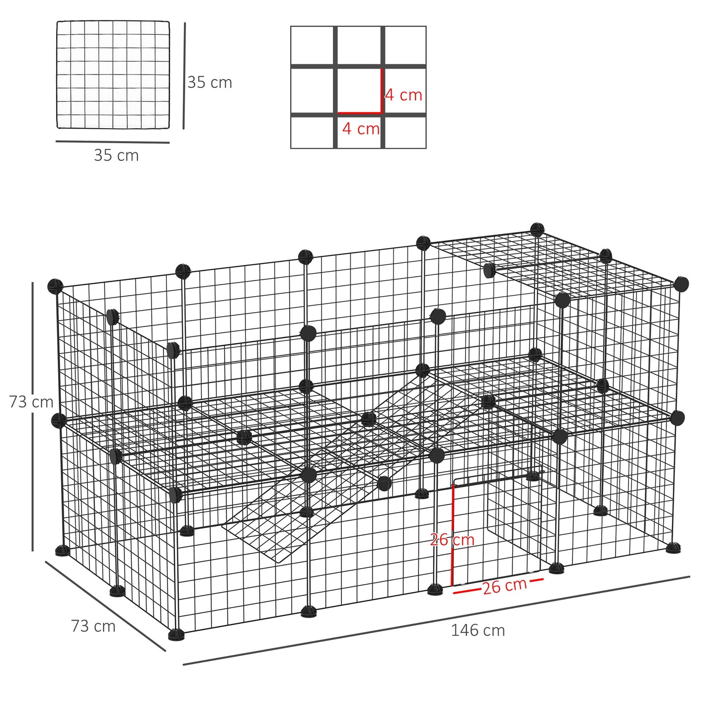 PawHut Freigehege Laufgitter DIY Welpenlaufstall Gittergehege für Kleintier aus Metallgitter Absperrgitter Kleine Haustiere Laufstall für Innen 36 Platten Schwarz 146 x 73 x 73 cm